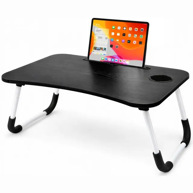 Rheme Laptoptafel - Bedtafel - Inklapbaar - Met Tablet Houder & Bekerhouder – Antislip – 60 cm – Zwart – Voor Bed & Bank - Rheme