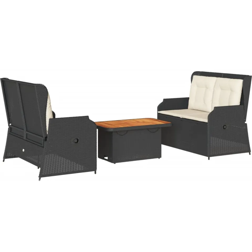 vidaXL 3-delige Loungeset met kussens poly rattan zwart, foto 3