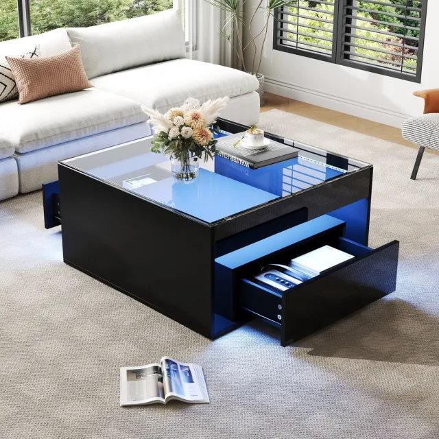 MEUNIQ Salontafel 70 x 70 x 35 cm met glazen blad, 2 lades, open vak en app-bedienbare LED-verlichting voor woonkamer, zwart