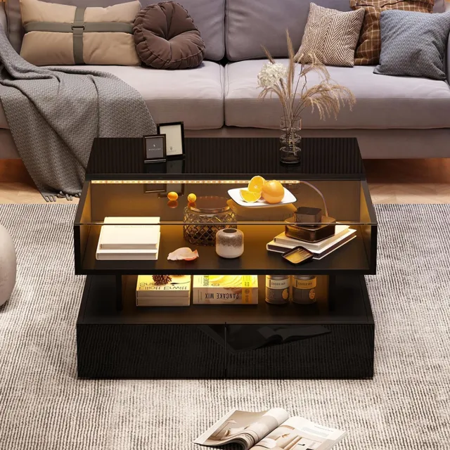 KOMHTOM Salontafel - 80x80x45 cm - In hoogte verstelbaar - Verborgen opbergruimte - 2 lades - LED-verlichting - Glanzend - Blad van gehard glas - Voor woonkamer - Zwart