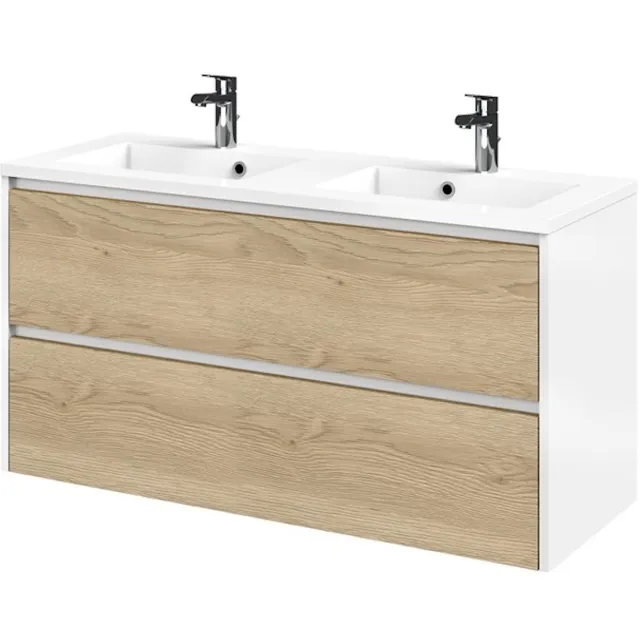 Tiger Reverse Meubelset 120 cm met 2 lades Naturel eik - Mat wit incl Quadro wastafel Hoogglans wit - 800320 Eiken