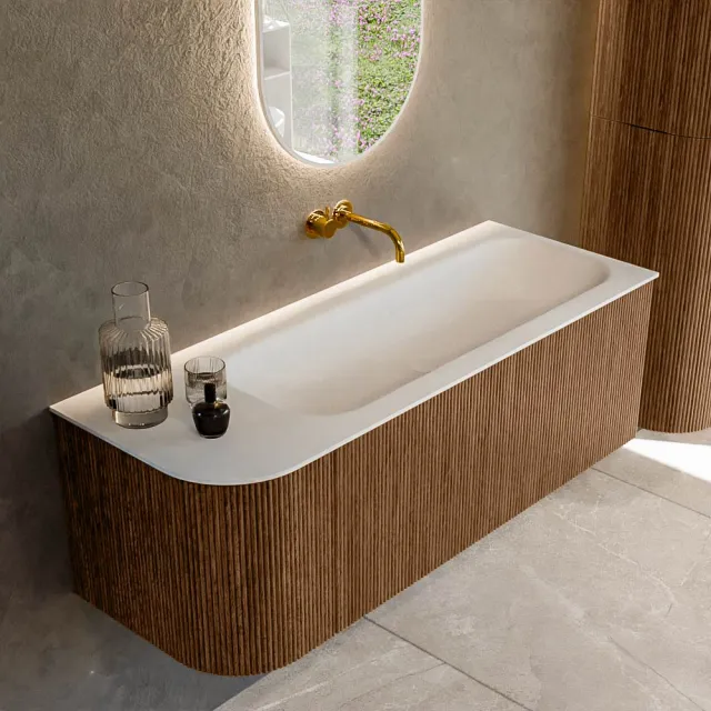 Mondiaz KURVE 125 cm Onderkast Greeploos 1 Lade Met Deuren Walnut, Wastafel Solid Surface Rechts Talc 0 Kraangaten Zonder Spiegel (KRVBGM125L1L1D0KR-Wal/Tal)