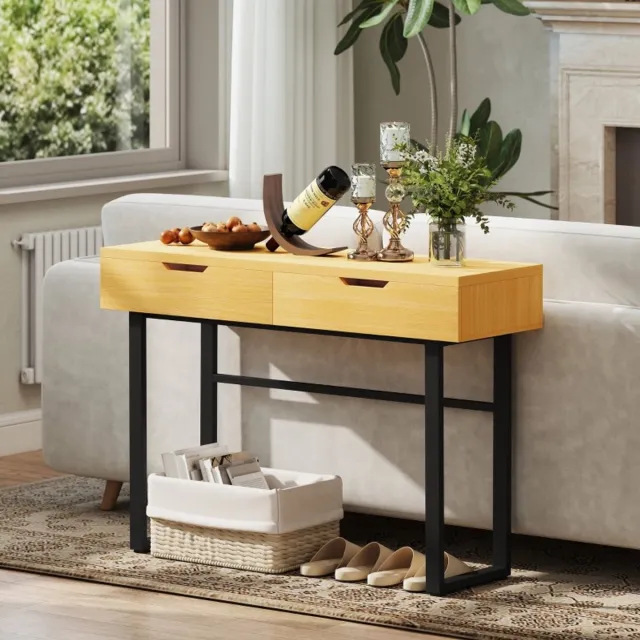 REDOM Consoletafel - Met 2 Laden - Minimalistisch - Voor Hal - Hout En Metaal - Naturel - 110 X 35 X 76,5 Cm Natuurlijk hout
