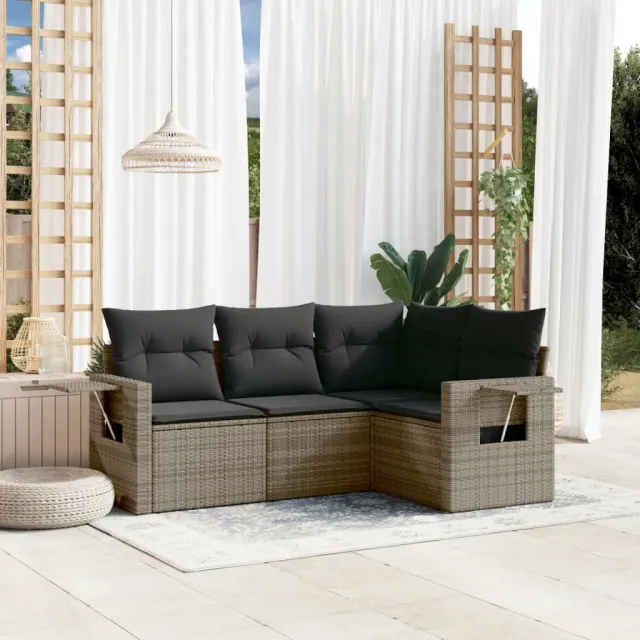 vidaXL 4-delige Loungeset met kussens poly rattan grijs, foto 2