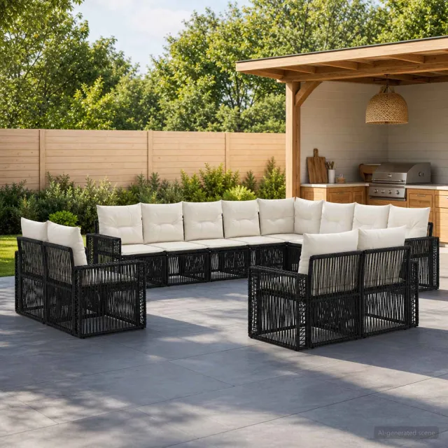 vidaXL Tuinbankenset 12 st 12-zits Zwart en Cream Wit poly rattan, foto 2