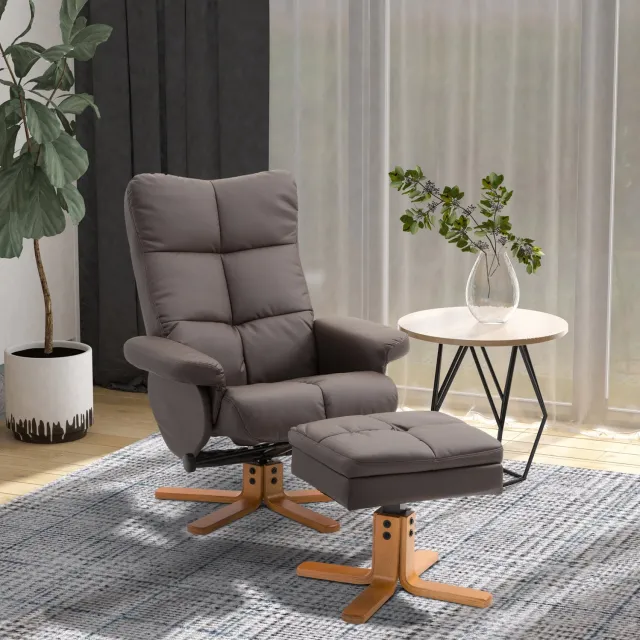 DESMIU Relaxfauteuil met Hocker 80 x 86 x 99 cm - Verstelbare Rugleuning en Draaibaar - voor Ontspanning - Kunstleer en Hout - Bruin Grijs