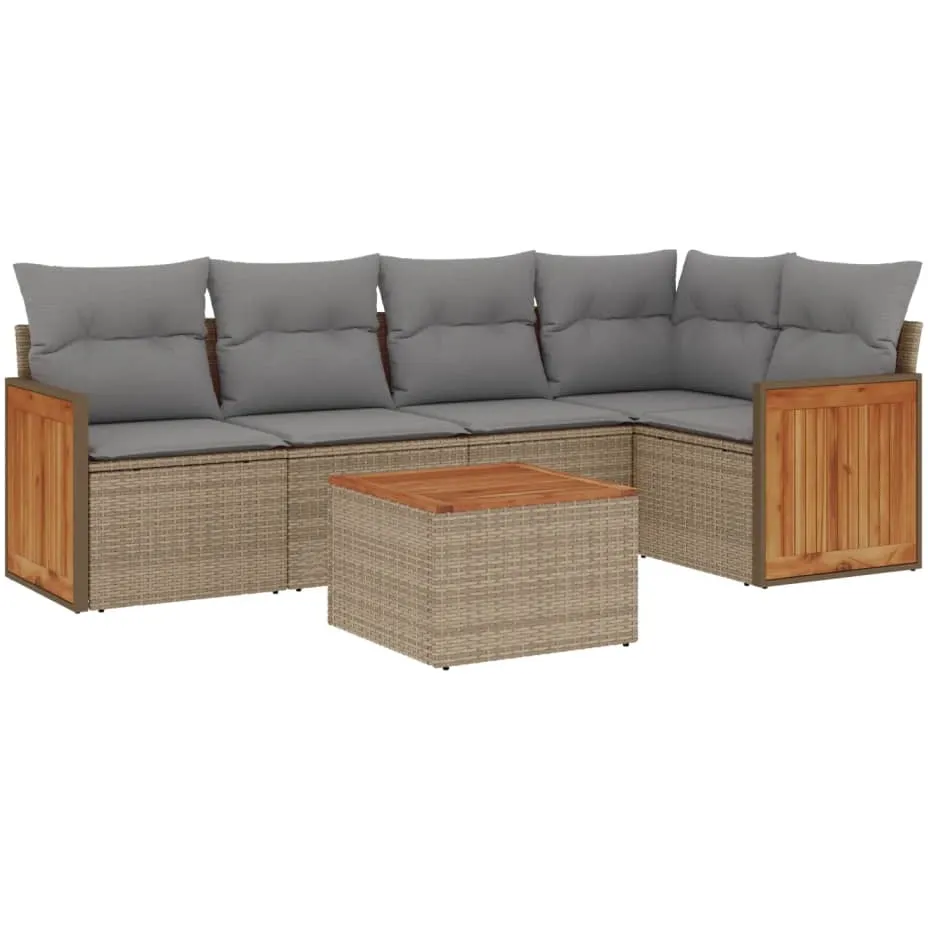 vidaXL 6-delige Loungeset met kussens poly rattan beige