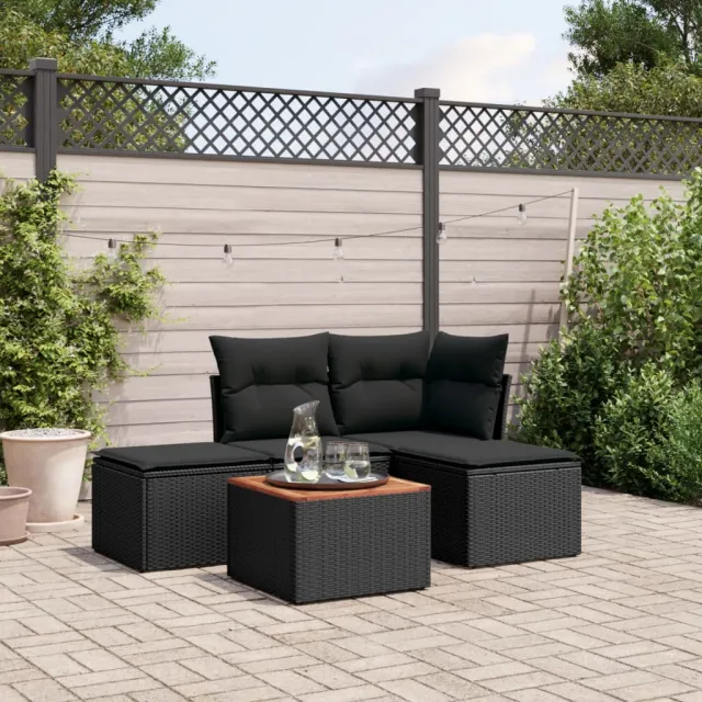 vidaXL 5-delige Loungeset met kussens poly rattan zwart, foto 2