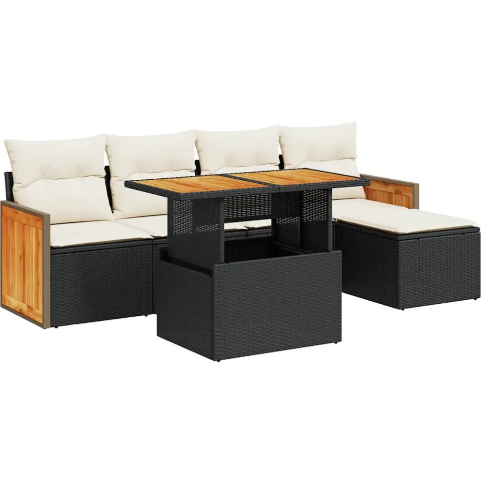 vidaXL 6-delige Loungeset met kussens poly rattan acacia zwart, foto 3