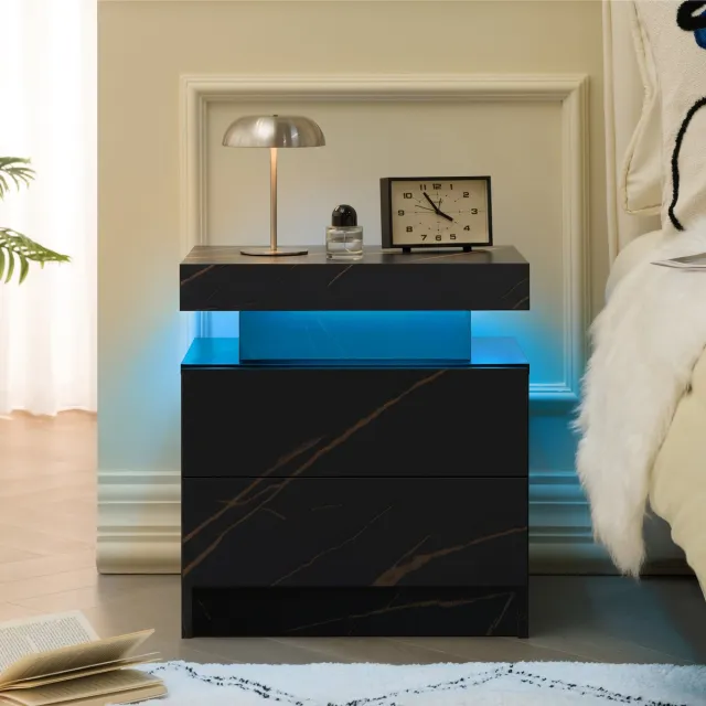 Clruro Nachtkastje - Modern LED Nachtkastje - Met 2 Lades - Zwart Goud