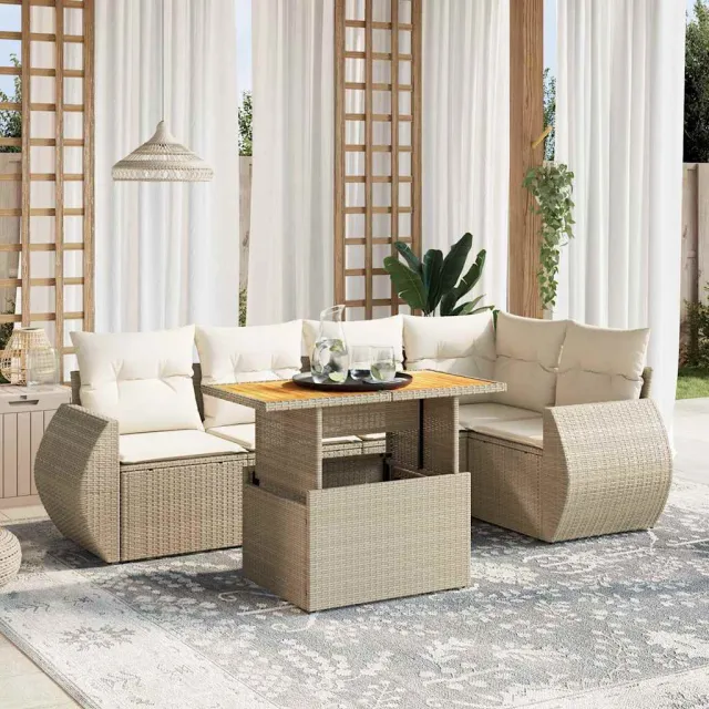 vidaXL 6-delige Loungeset met kussens poly rattan beige, foto 2
