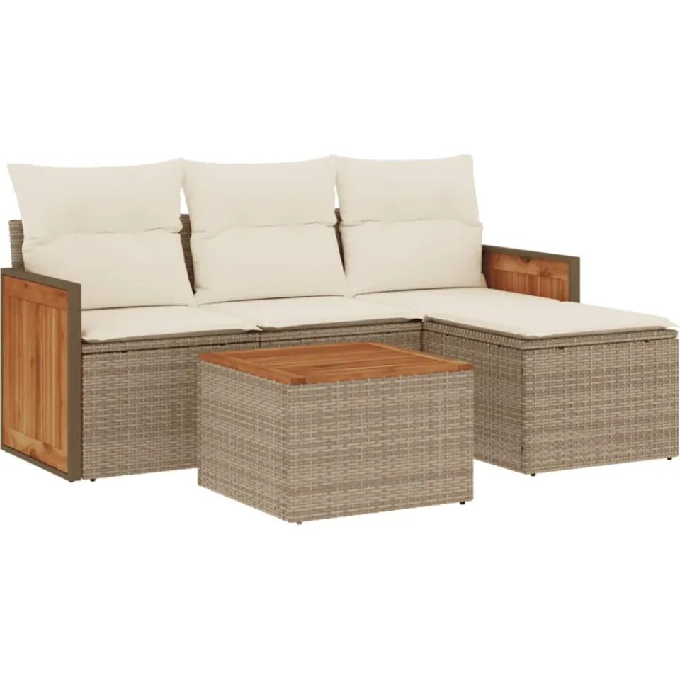 vidaXL 5-delige Loungeset met kussens poly rattan beige, foto 3