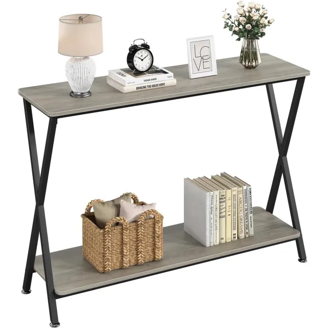 Triumpunpre Industriële smalle consoletafel voor entree en achter de bank – slanke banktafel met 2 opbergplanken, metalen frame accenttafel voor de gang Grijs
