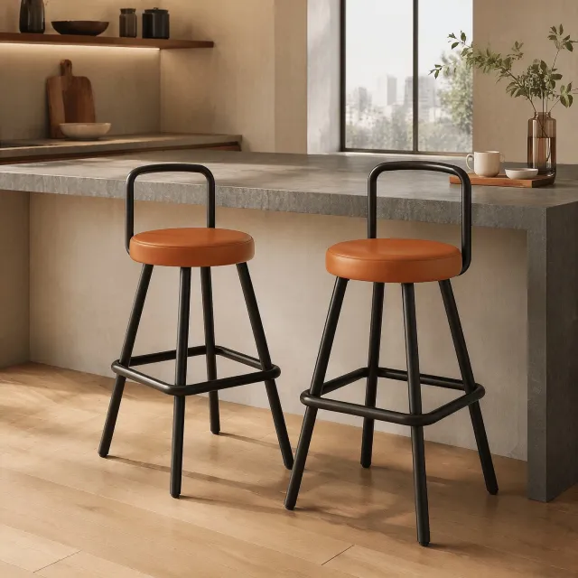 CHICFURN Barkruk - Rugleuning en voetsteun - 37 cm - Set van 2 - Gevoerde zitting - Keuken en bar - Kunstleer en metaal - Bruin