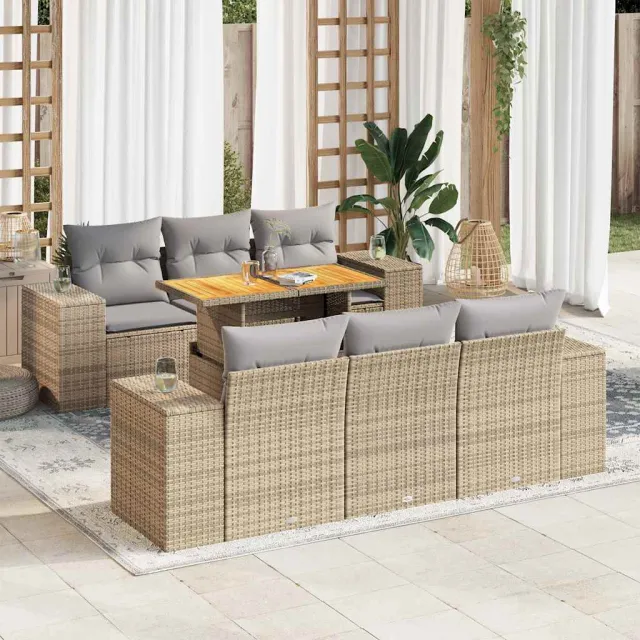 vidaXL 7-delige Loungeset met kussens poly rattan beige, foto 2