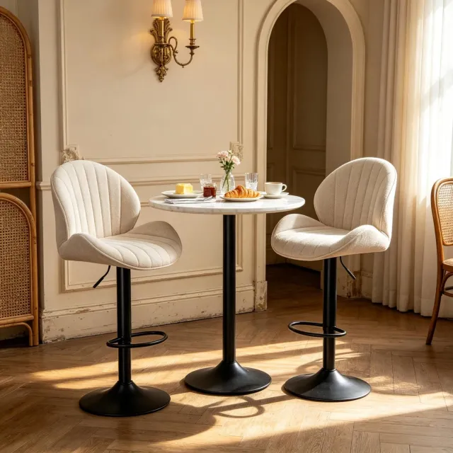 OKWISH Barkruk Set Van 2 - Hoogteverstelbaar Met Rugleuning En Voetsteun - 360 Graden Draaibaar Voor Bar En Keuken - Chenille - Beige
