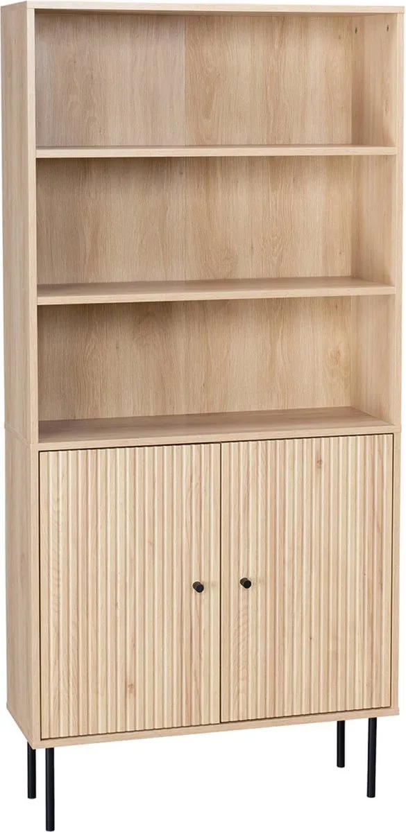 sweeek Boekenkast met 2 deurtjes en planken gegroefd houtdecor 80cm - braga Naturel