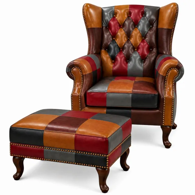 Nova Living Chesterfield Fauteuil + Hocker - Patchwork Multicolor - Leer - Stoel Chesterfield - Arm Chair - Lounge Chair - Clubfauteuil - Relaxfauteuil - Loungestoel - Zetel