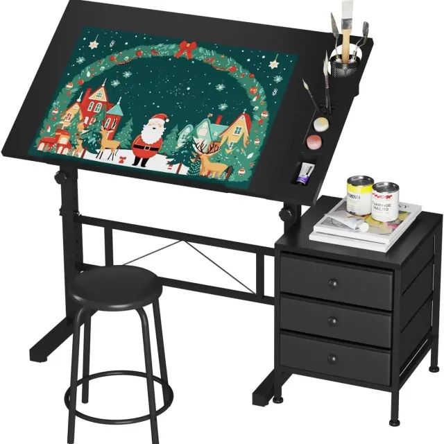 Nyoz kantelbare tekentafel - Bureau - Tekenbureau - 0° tot 60° verstelbaar - Hoogte 70-90 cm - Inclusief kruk - Met opbergvakken Zwart