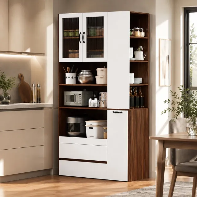 MEUNIQ Buffetkast 100 x 40 x 200 cm met verstelbare planken, uittrekbare plank, lades en geribbeld glas voor keuken, eetkamer of woonkamer, wit en walnoot