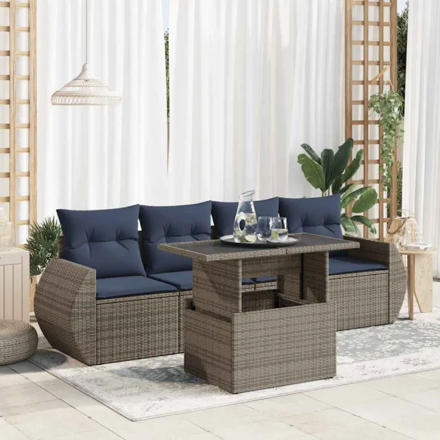 vidaXL 5-delige Loungeset met kussens poly rattan acacia grijs, foto 2