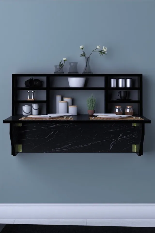 Dekornik SNS Home - Kardelen Tafel - Draagbare Planktafel - Wandtafel - Inklapbaar - Wandbureau - Inklapbare Wandtafel - Keukentafel - Wandkast - Vouwtafel - Klaptafel - 90x50 cm - Zwart en Marmer