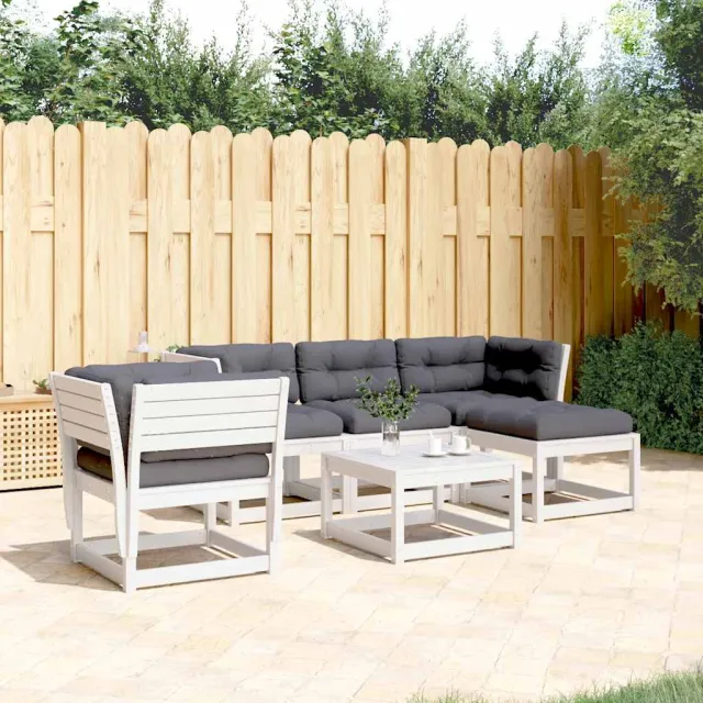 vidaXL 5-delige Loungeset met kussens massief grenenhout wit, foto 2