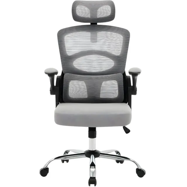 Happiq Bureaustoel - Ergonomische Mesh Stoel met Hoge Rug, Hoofdsteun, Lendensteun en 360° Draaifunctie - Metaal en Mesh - 180 cm Gray