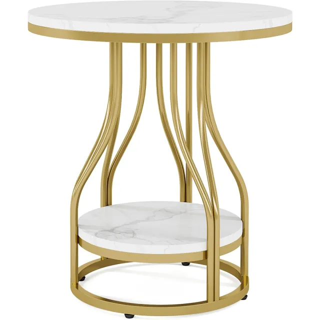 DMG Supply Bijzettafel - Rond - 2 Lagen - 50 x 50 x 59 cm - Wit en Goud - Marmerlook