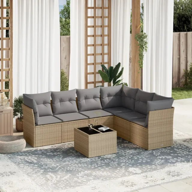 vidaXL 7-delige Loungeset met kussens poly rattan beige, foto 2