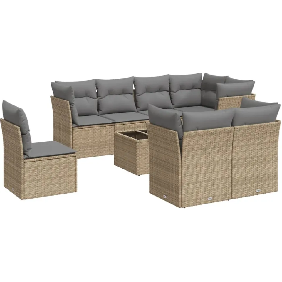 vidaXL 9-delige Loungeset met kussens poly rattan beige