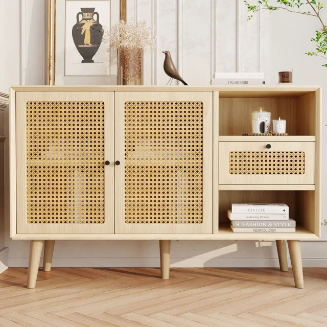 COVREO Dressoir 120x40x80 cm - 1 lade, 2 magnetische deuren, verstelbare planken, eiken