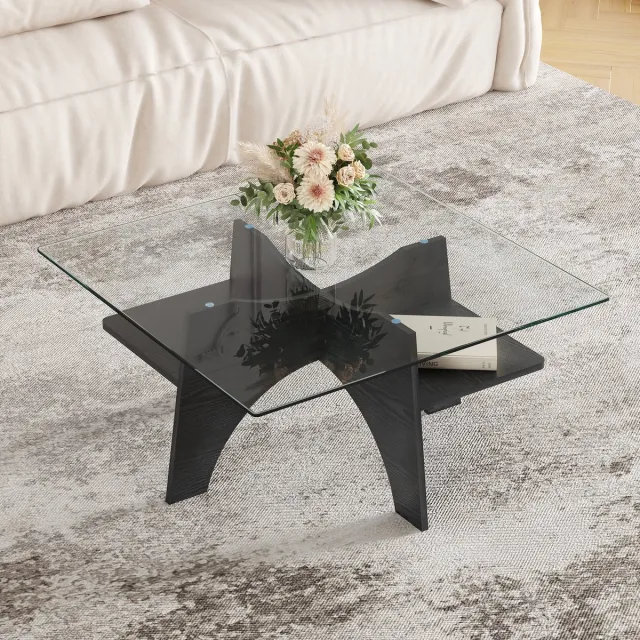 FloraGrace Salontafel - Vierkant Met Veiligheidsglas En Opbergvak - Voor Woonkamer En Balkon - MDF En Glas - 80x80x40 Cm - Zwart