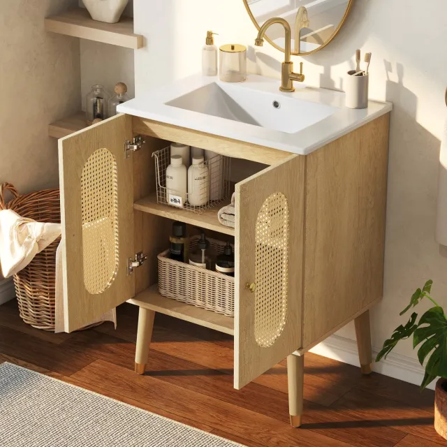 MIVRAY Wastafelmeubel - Ruime Opbergkast Met Rotan Deuren En Keramische Wasbak - Voor Badkamer - MDF - Naturel Houtlook - 61 Cm Natural Wood