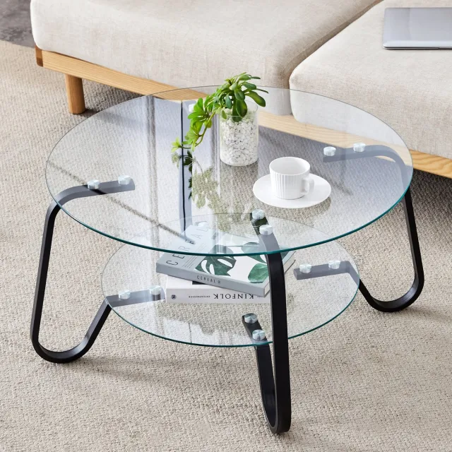 REDOM Salontafel - Rond 2-Laags Ontwerp - Industriële Stijl - Voor Woonkamer - Metaal En Veiligheidsglas - Zwart