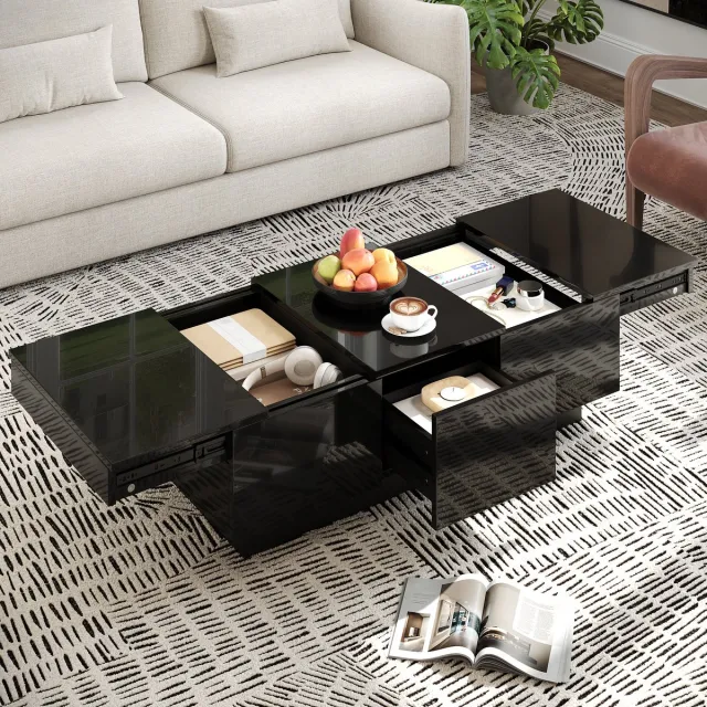DESMIU Salontafel - Hoogglans Zwart Met Schuifvakken En Lades - Voor Woonkamer En Lounge - Spaanplaat En MDF - 100 X 31 X 50 Cm