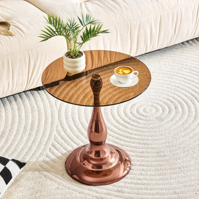 MODENUIT Bijzettafel - Ronde Glazen Blad Met Metalen Onderstel - Voor Woonkamer En Slaapkamer - Bruin - 50 Cm