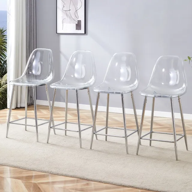 MIVRAY Barkruk - Transparante Barstoel Met Rugleuning - Set Van 4 - Voor Keuken, Bar En Eetkamer - Kunststof En Metaal - Transparant Zilver