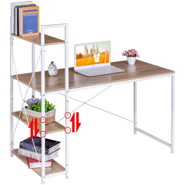 Corenia Bureau - Hoekbureau - Computertafel - Office Bureau - met 4 Planken – Compact Werkstation –Voor Gaming - Studeren - Kantoor – Laptop of PC Tafel – E1 Hout & Metaal – 120x64x120 cm - Licht Eiken en Wit