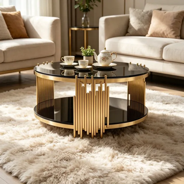 FloraGrace Salontafel - Rond Met Dubbel Glazen Blad En Opbergruimte - Voor Woonkamer En Zithoek - Rvs En Glas - Zwart Goud Zwart en Goud