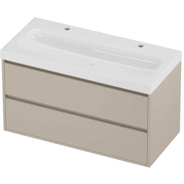 Proline Haga Badmeubelset Polystone Mezza 2 Kraangaten Greeploos 100x46x58 cm Glans Wit Soft Linen Beige