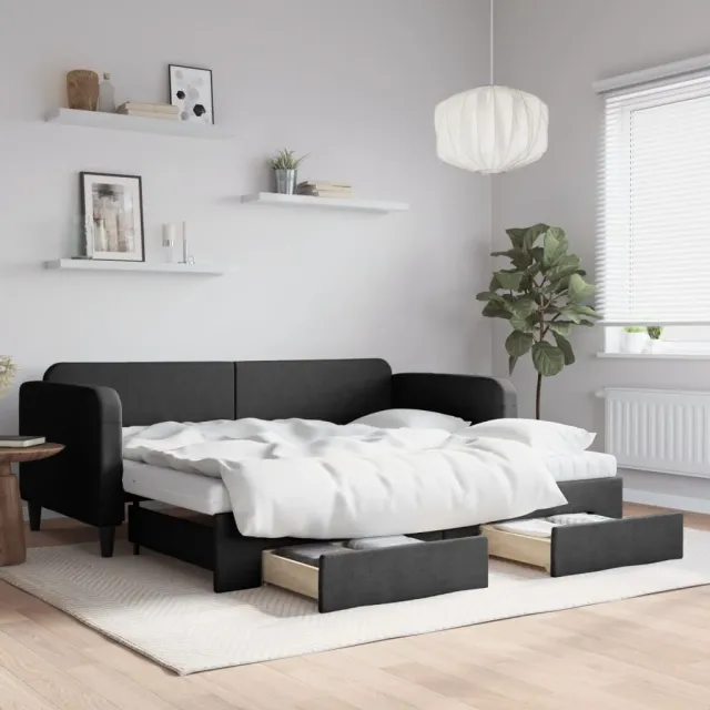 vidaXL Slaapbank met onderschuifbed en lades 90x190 cm stof zwart