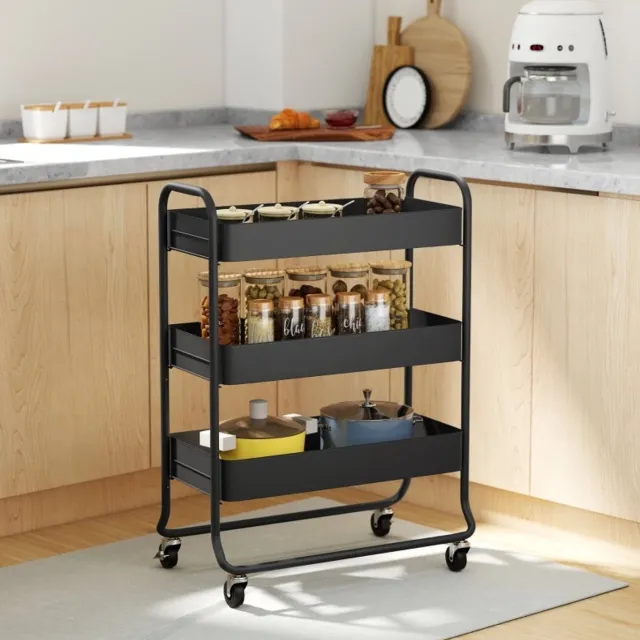 MEUNIQ Keukenwagen 64,5 x 34 x 87 cm met 3 manden en 4 wielen, metalen servierwagen met 2 remwielen, open opbergwagen voor keuken of bijkeuken, zwart