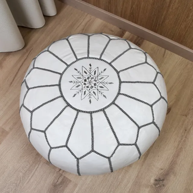 Poufs&Pillows Leren Poef - Wit en Grijs - Handgemaakt en stijlvol - Gevuld geleverd