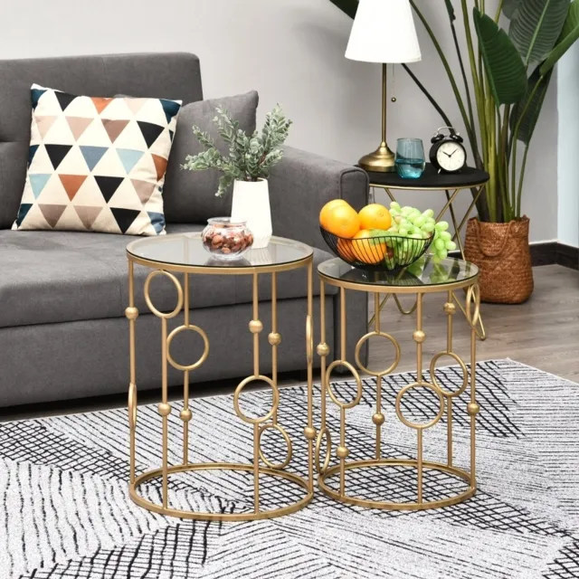 MODENUIT Bijzettafelset - Twee Nestbare Tafels - voor de Woonkamer - Metaal en Glas - Goud - 41 x 57 cm