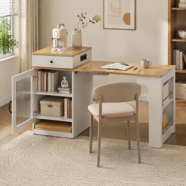MEUNIQ Uitschuifbare bartafel 80 x 71-111-151 x 92 cm met lades, open vakken, glazen opbergruimte en stopcontacten voor keuken en eetkamer, wit/naturel