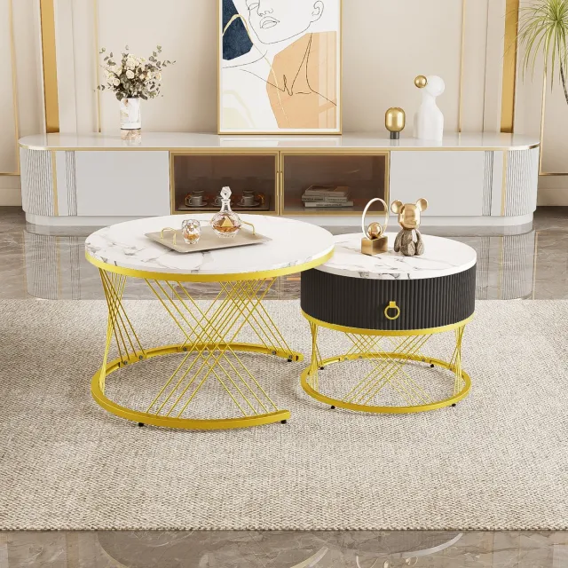 COVREO Salontafel set van 2 70x70x45 cm – wit en goud, marmerlook fineer, met lade