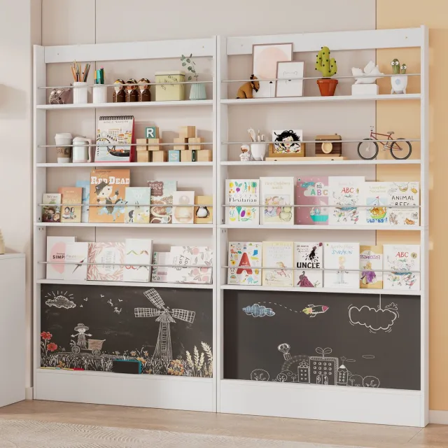 HAUSS SPOLE Boekenkast – 2 Delig Ruimtebesparend – 200 x 10 x 180 cm – MDF En Metaal – Wit – Kinderkamer Open Opbergrek Met Schoolbord