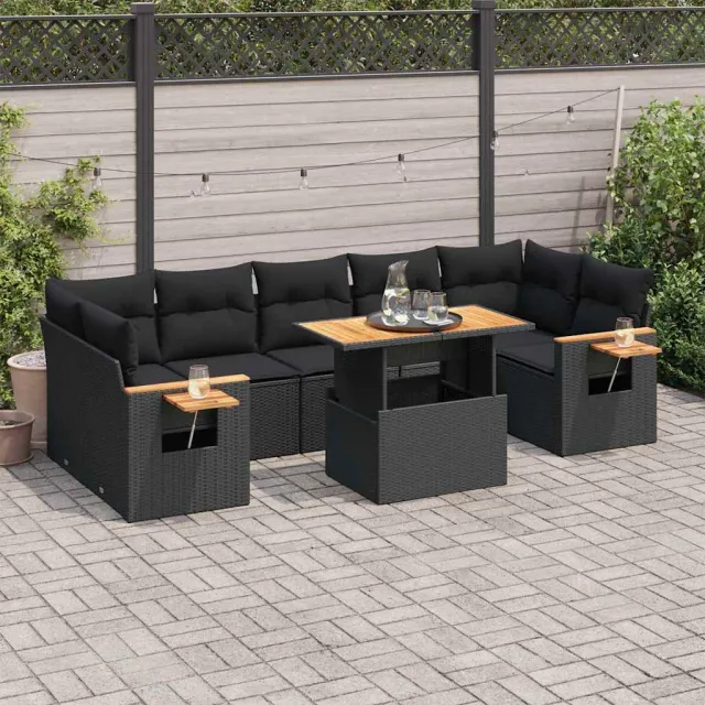 vidaXL 8-delige Loungeset met kussens poly rattan acacia zwart, foto 2
