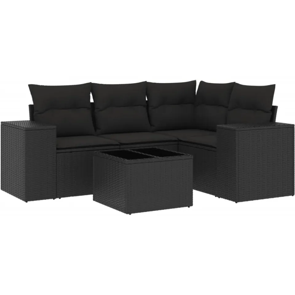 vidaXL 5-delige Loungeset met kussens poly rattan zwart